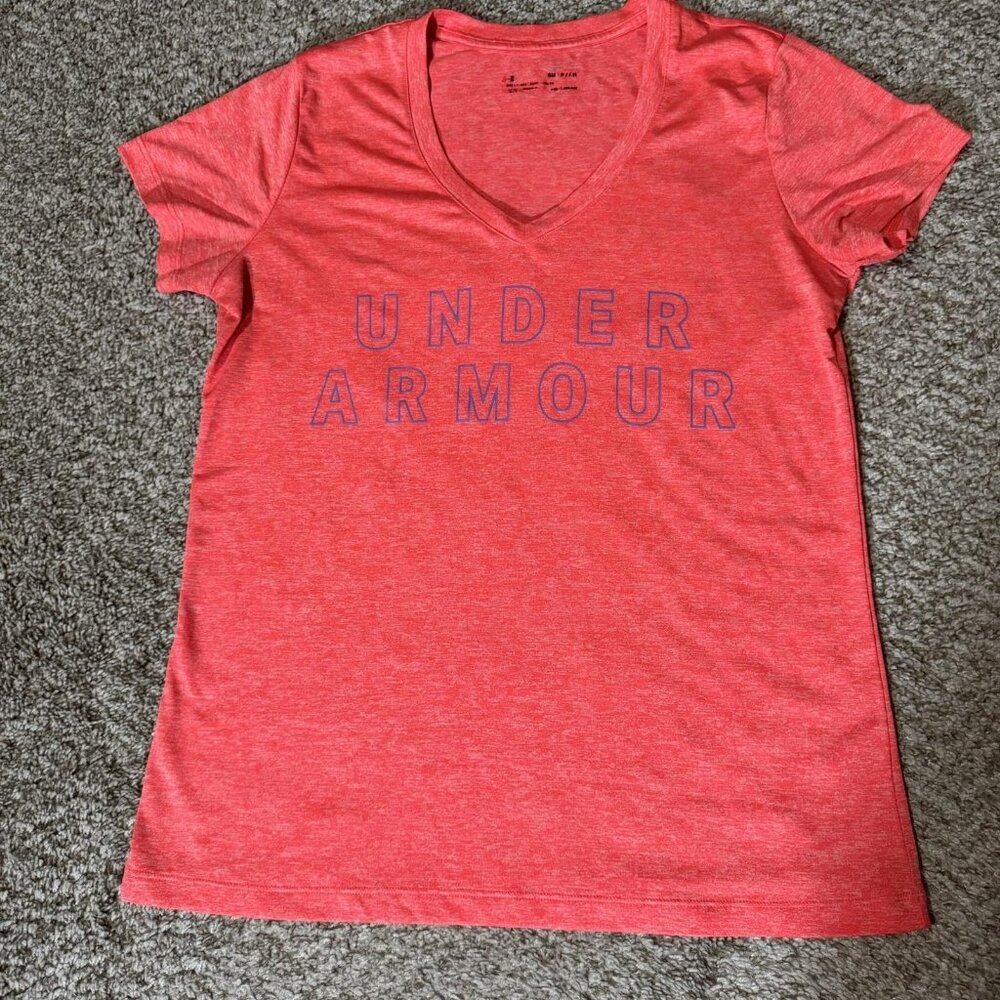 Under Armour Shirt Womens Small Pink HeatGear V Neck Logo Athletic Training Top
